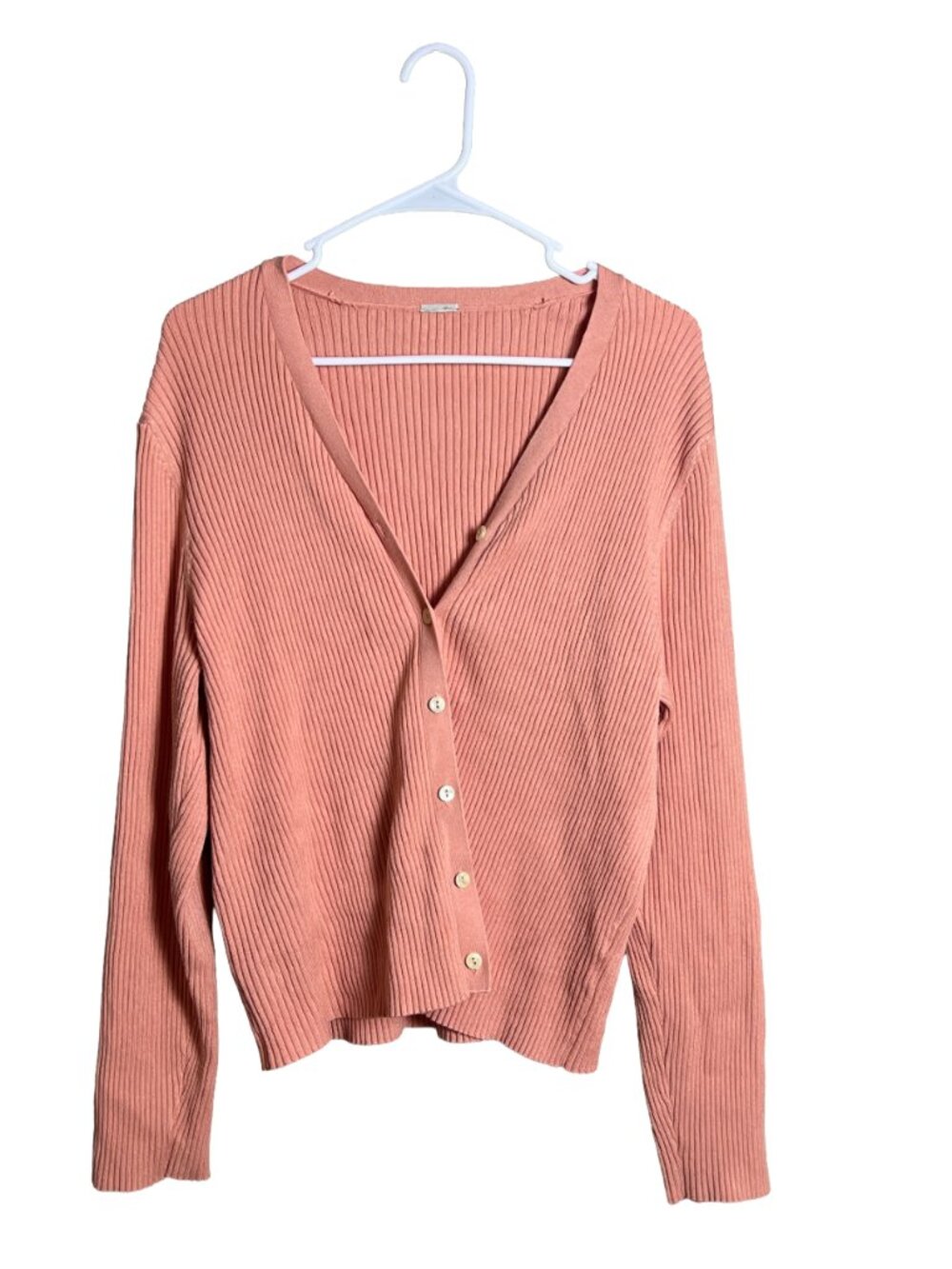 Ribbed Cropped Cardigan Peach Knit V-Neck Sweater Women's L
